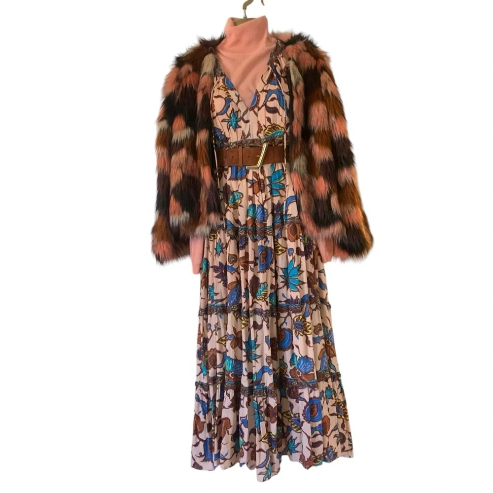 Anthro Love the label V-neck tiered ruffled maxi dress browns blues floral New S - Picture 13 of 16